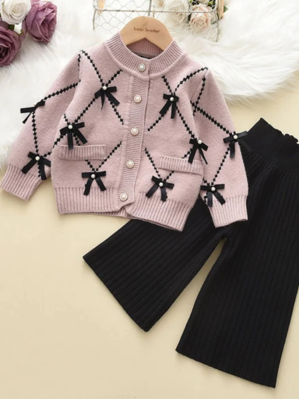 Darling Fashionista Bow-Embellished Pink Sweater and Pants Set - Image 3
