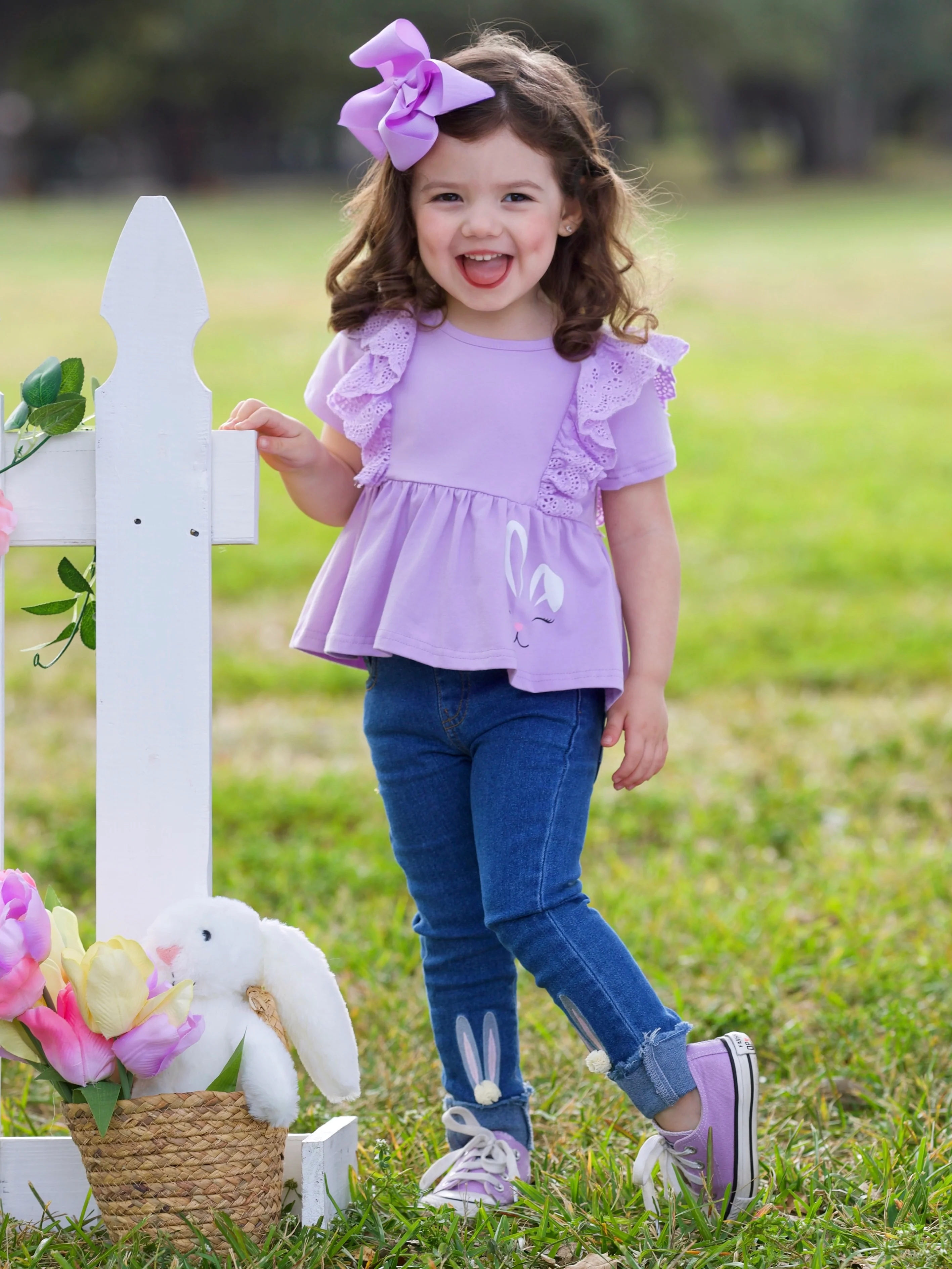 Lilac Bunny Top and Embroidered Denim Set - Image 4