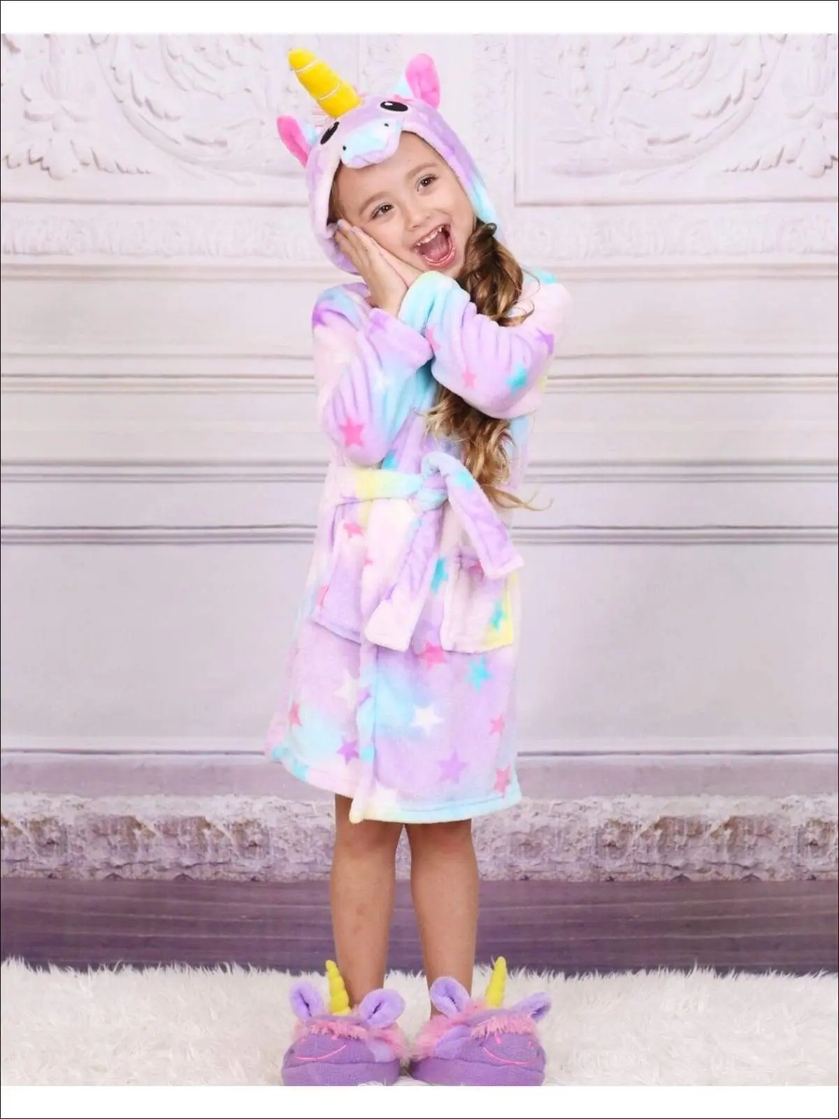 Girls Lavender Unicorn Star Print Bathrobe - Image 3