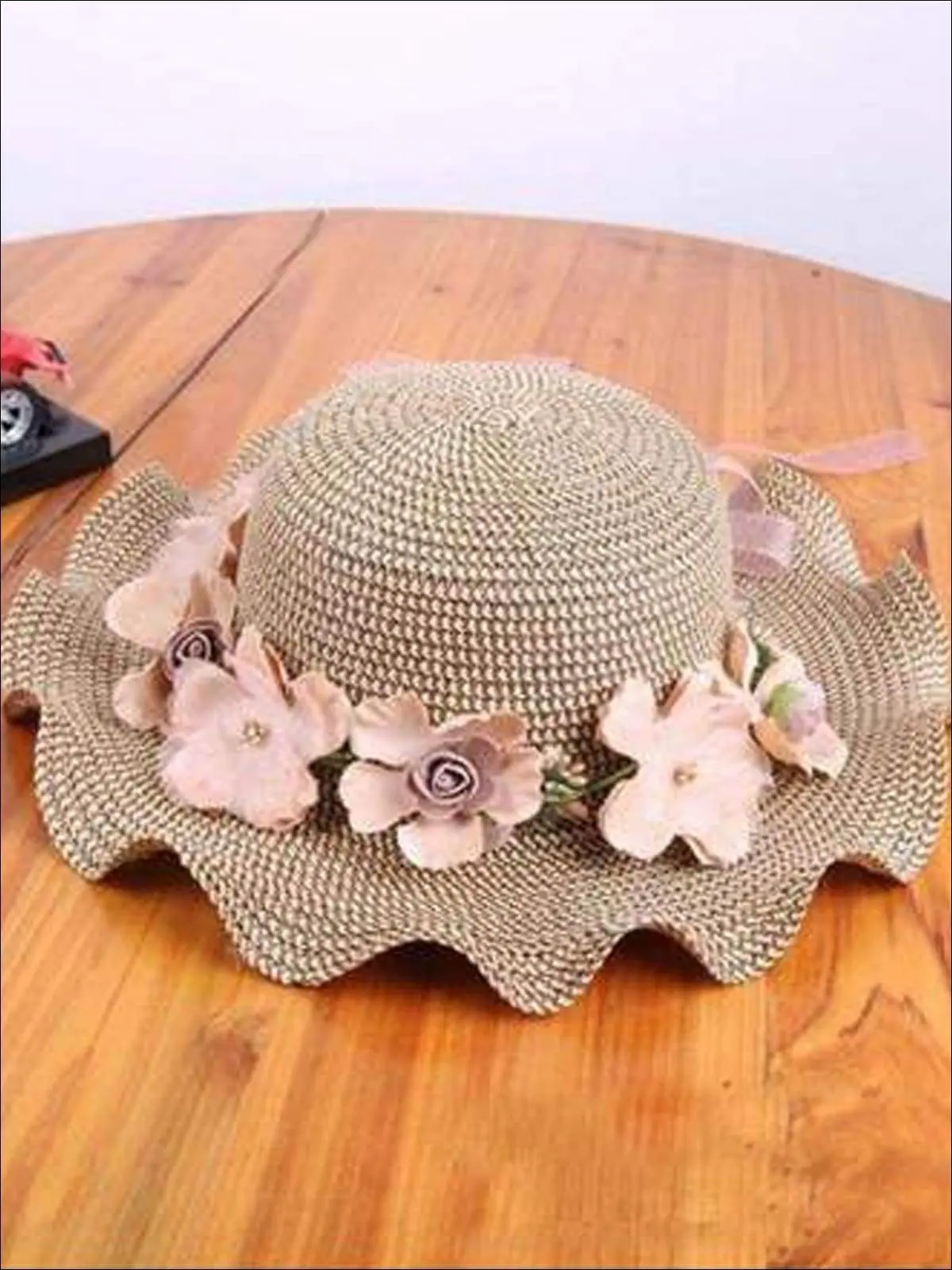 Girls Floral Ruffle Brim Straw Hat - Image 3