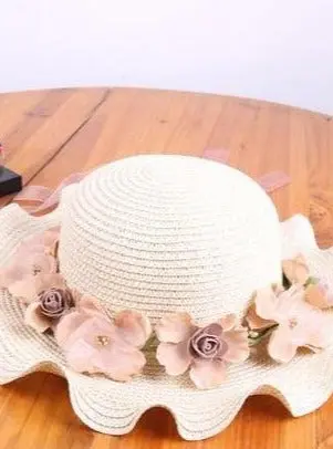 Girls Floral Ruffle Brim Straw Hat - Image 4