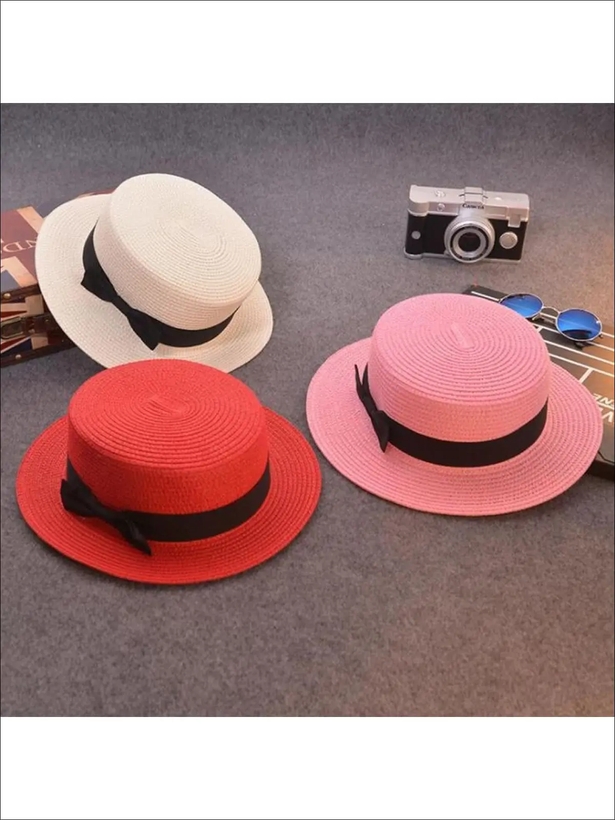 Girls Woven Straw Fedora Hat with Bow Tie (Multiple Color Options) - Image 4