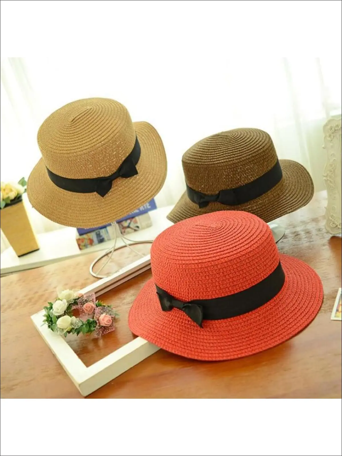 Girls Woven Straw Fedora Hat with Bow Tie (Multiple Color Options) - Image 5