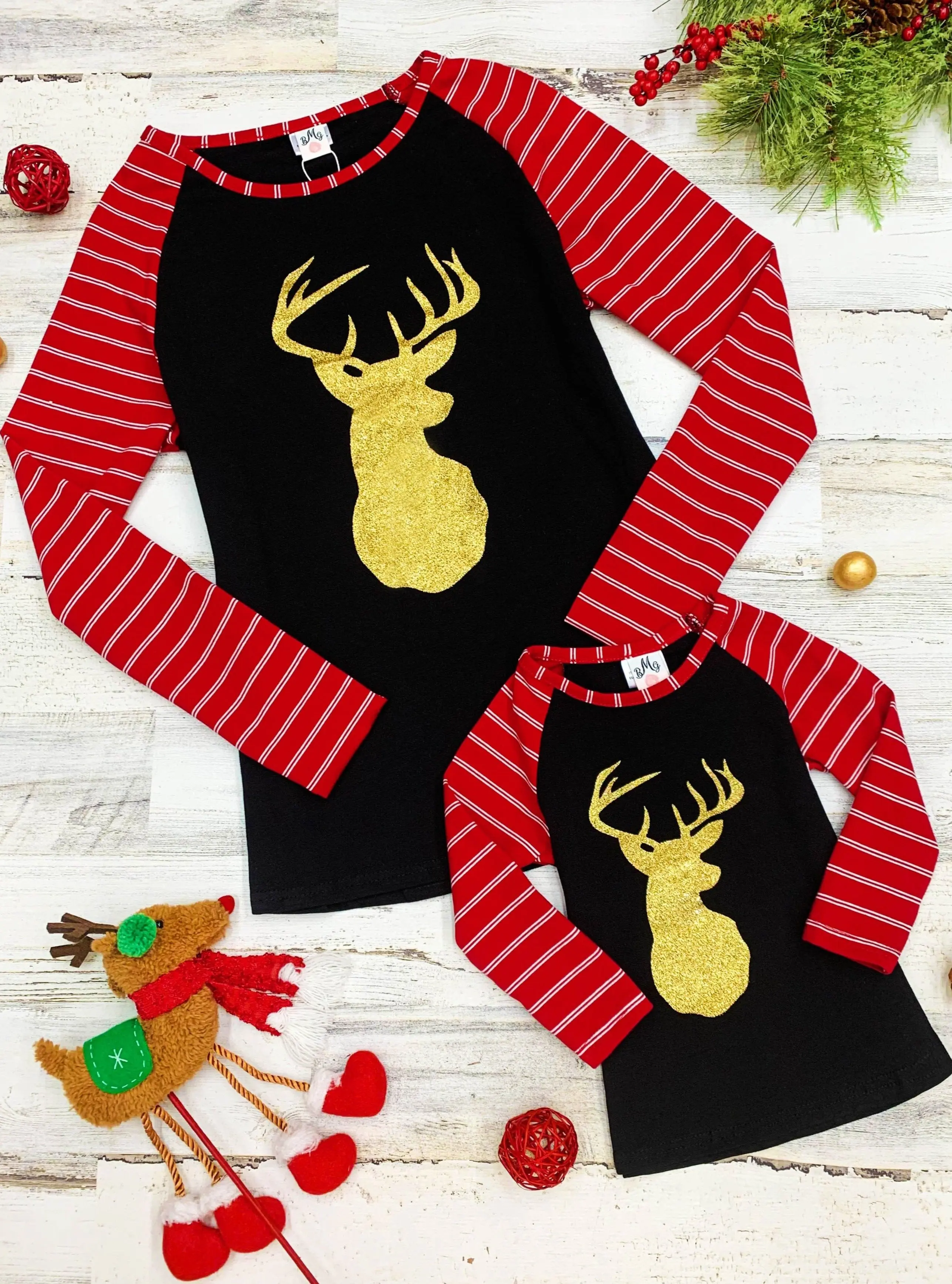 Mommy and Me Glittering Gold Reindeer Raglan Top - Image 3