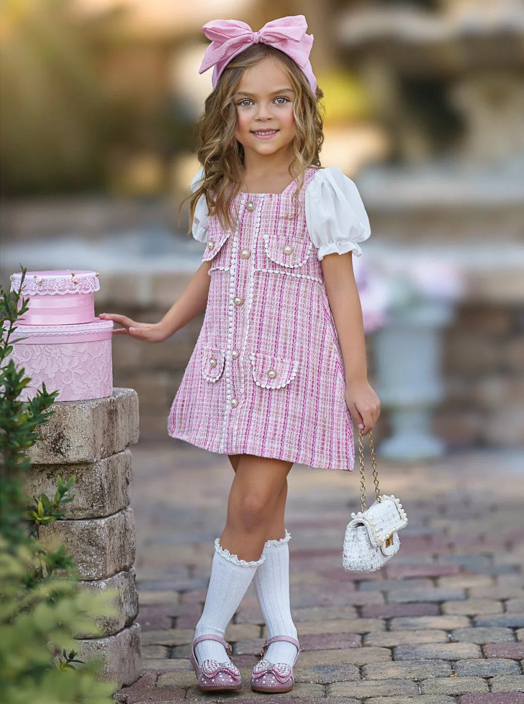 Pink Plaid Pearl Dress - Image 5